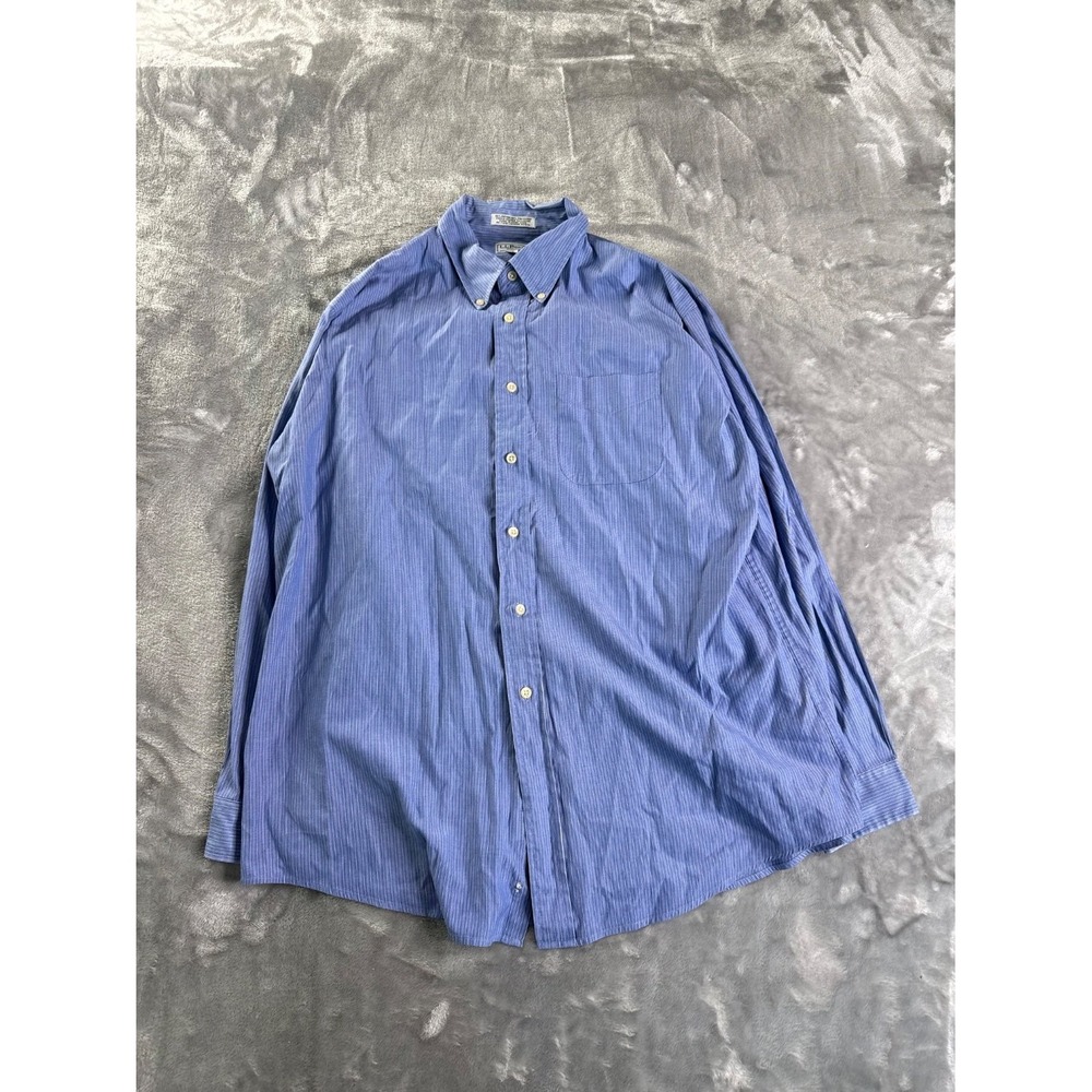L.L. Bean Men 17 x 34 Blue White Pinstripe Button Down Shirt Long Sleeve Cotton
